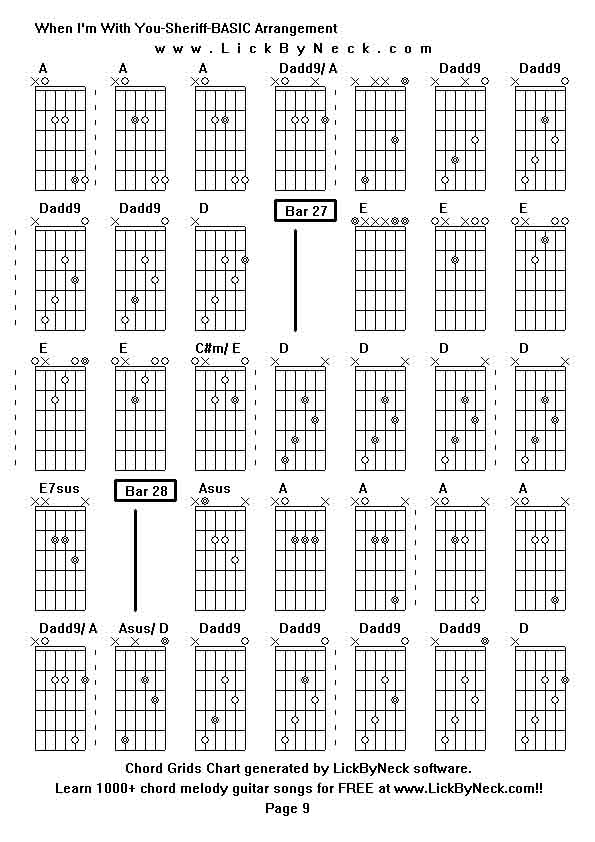 Chord Grids Chart of chord melody fingerstyle guitar song-When I'm With You-Sheriff-BASIC Arrangement,generated by LickByNeck software.